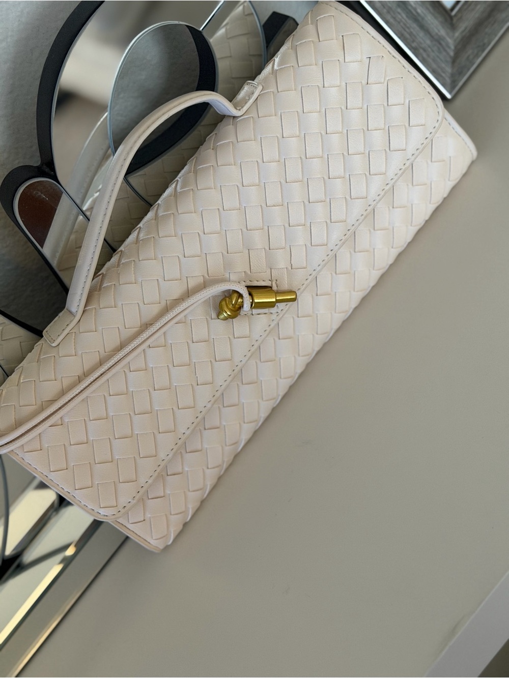 Woven Cream Leather Clutch with Gold-Tone Accent